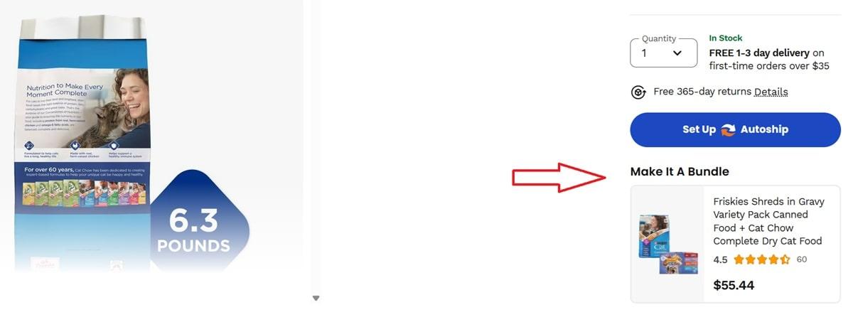 Chewy product bundling offer showing discounted pet food and treat combinations, demonstrating effective cross-selling and bundle pricing strategy